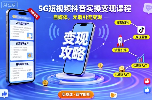 5G短视频抖音实操变现课程，自媒体，无谓引流变现-日入300副业网