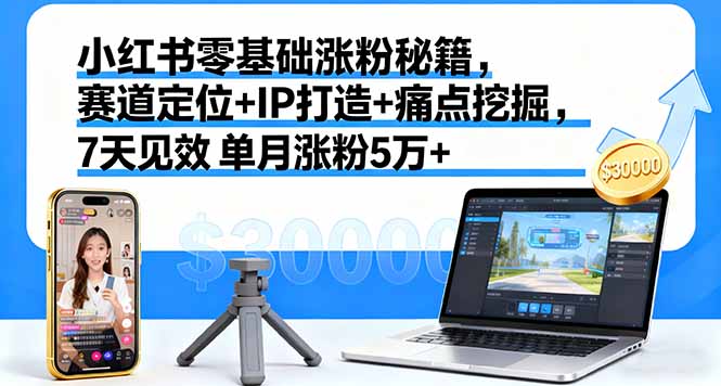 小红书零基础涨粉秘籍，赛道定位+IP打造+痛点挖掘，7天见效 单月涨粉5万+-日入300副业网