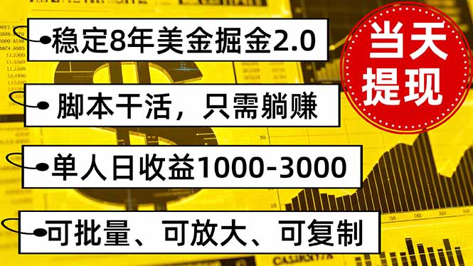 稳定8年美金掘金2.0脚本干活，只需躺赚。单人日收益1000-3000可批量、…-日入300副业网