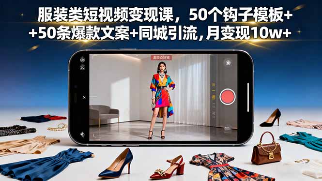 服装类短视频变现课，50个钩子模板+50条爆款文案+同城引流，月变现10w+-日入300副业网