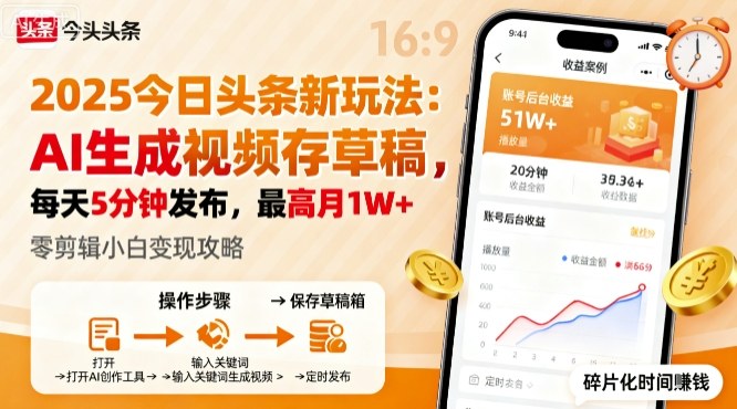 2025年今日头条躺賺新玩法，AI生成视频存草稿，每天5分钟发布，最高月1W+【揭秘】-日入300副业网