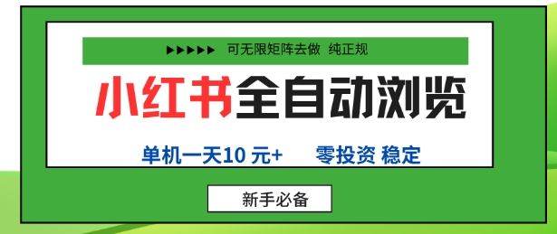 小红书全自动浏览项目，零投资，全程手机去跑，单账号一天10米+，可无限矩阵去做【揭秘】-日入300副业网