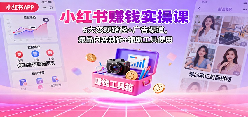 小红书赚钱实操课：5大变现路径+广告渠道，爆品内容制作+辅助工具使用-日入300副业网
