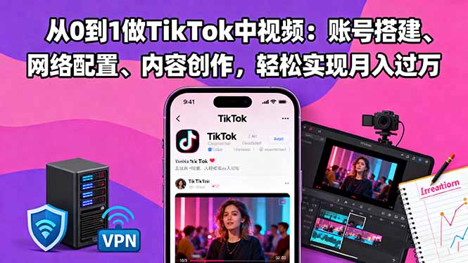 从0到1做TikTok中视频:账号搭建、网络配置、内容创作,轻松实现月入过万-日入300副业网