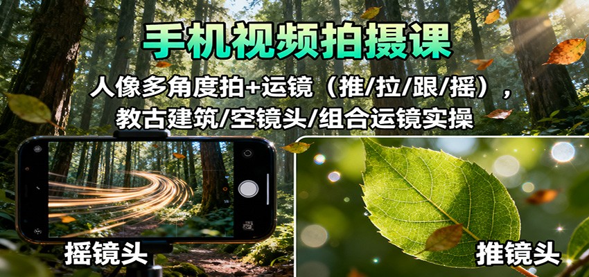 手机视频拍摄课:人像多角度拍+运镜(推/拉/跟/摇),古建筑/空镜头/组合运镜实操-日入300副业网