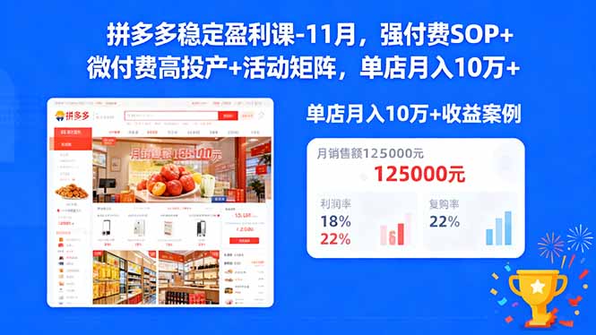 拼多多稳定盈利课-11月,强付费SOP+微付费高投产+活动矩阵,单店月入10万+-日入300副业网