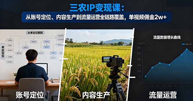 三农IP变现课：从账号定位、内容生产到流量运营全链路覆盖，单视频佣金2w+-日入300副业网