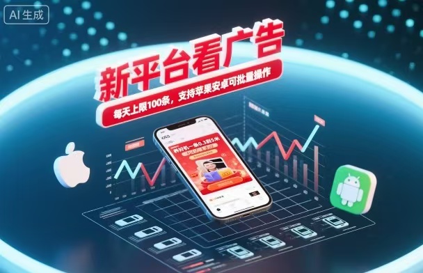 新台看广告，养好机一条5毛到5块，单机日入30到100，支持苹果安卓，可批量操作。-日入300副业网