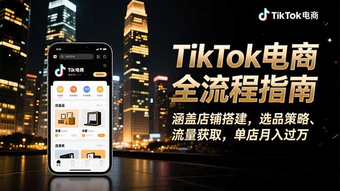 TikTok电商全流程指南，涵盖店铺搭建、选品策略、流量获取，单店月入过万-日入300副业网