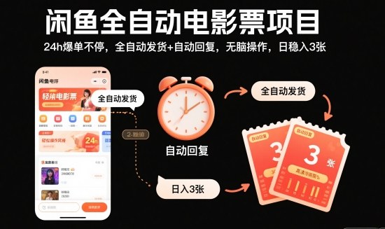 闲鱼全自动电影票项目，24h爆单不停，全自动发货+自动回复，无脑操作，日稳入3张【揭秘】-日入300副业网